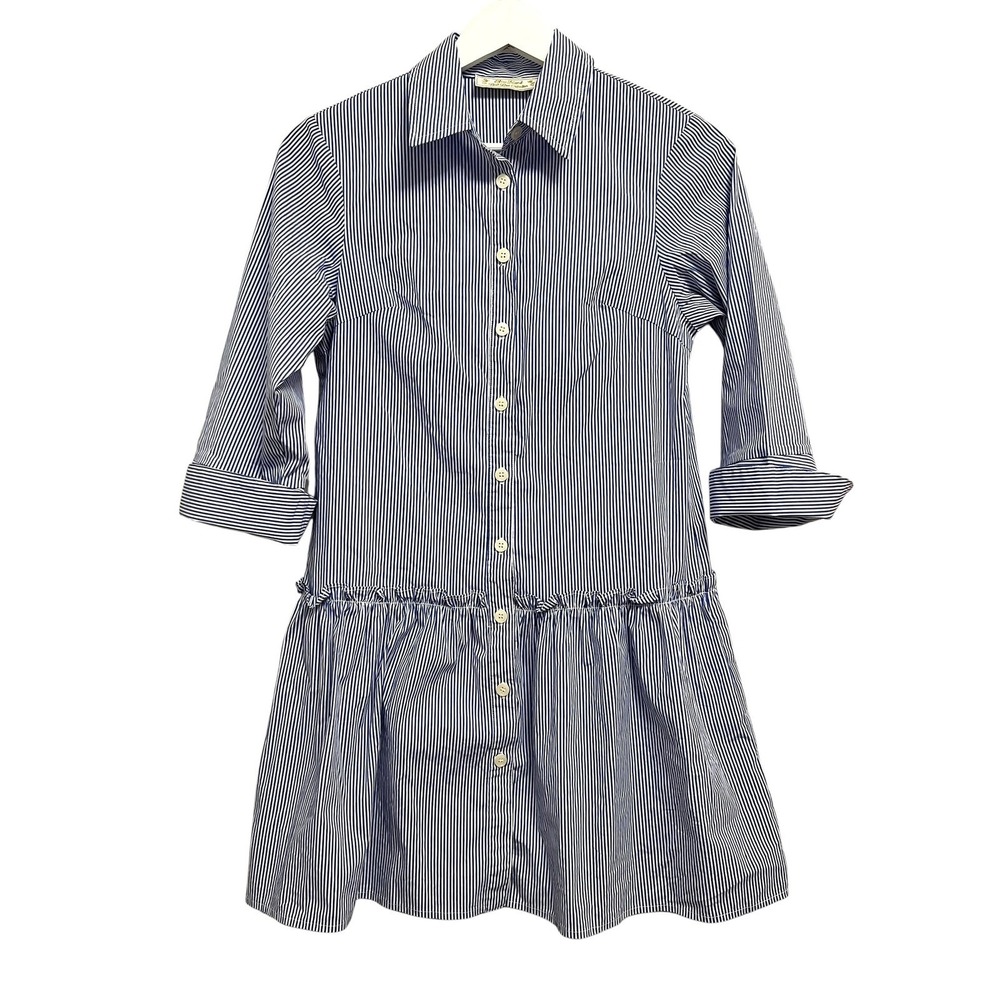 Sea Island Brit Rue Collection Shirt Dress Women XS Blue White Stripe Ruffle Hem